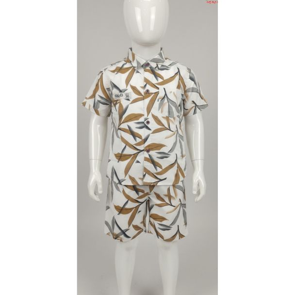 Kids white and brown leaf print cotton shirt and shorts set - Gangavathi Exports