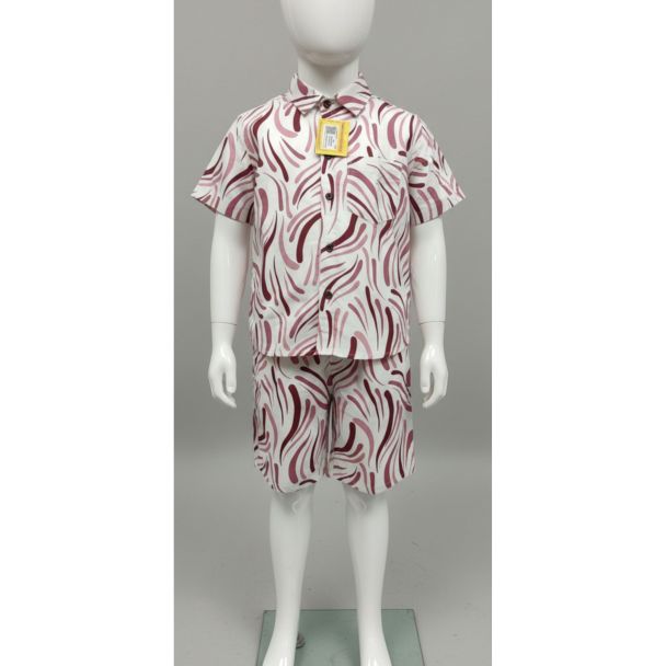 White and burgundy abstract print cotton kids shirt and shorts set - Gangavathi Exports