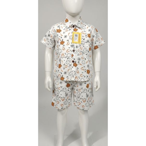 Kid's white floral print cotton shirt and shorts set with short sleeves and a casual collar - Gangavathi Exports