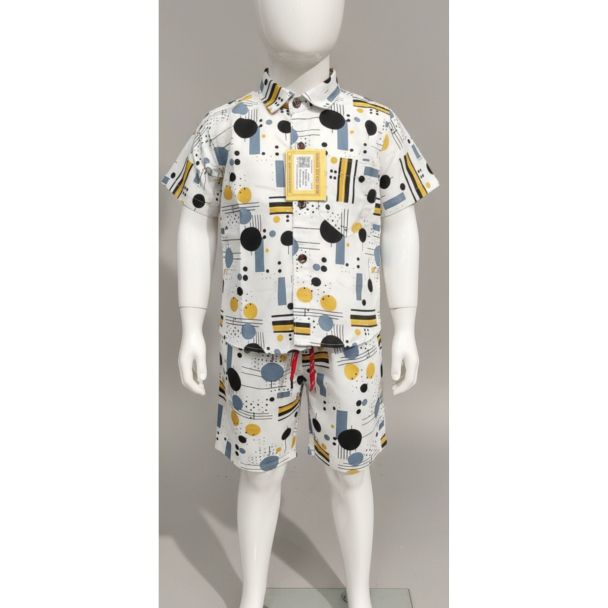 Kids' white geometric print cotton shirt and shorts set - comfortable summer wear