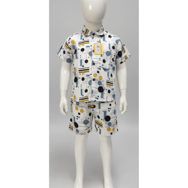 Kids' white geometric print cotton shirt and shorts set - Gangavathi Exports