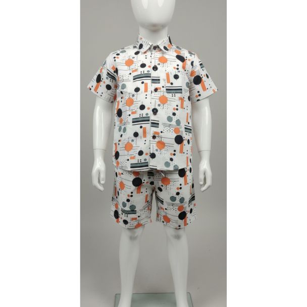 Kids white cotton geometric print short sleeve shirt and shorts set
