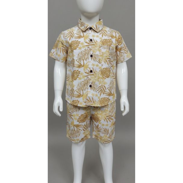 Kid's white and gold tropical print cotton shirt and shorts set