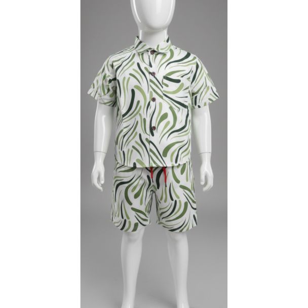 Kid's White and Green Abstract Print Cotton Shirt and Shorts Set