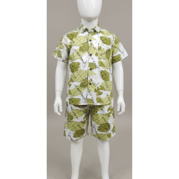 Kid's white and green leaf print cotton short sleeve shirt and shorts set - Gangavathi Exports