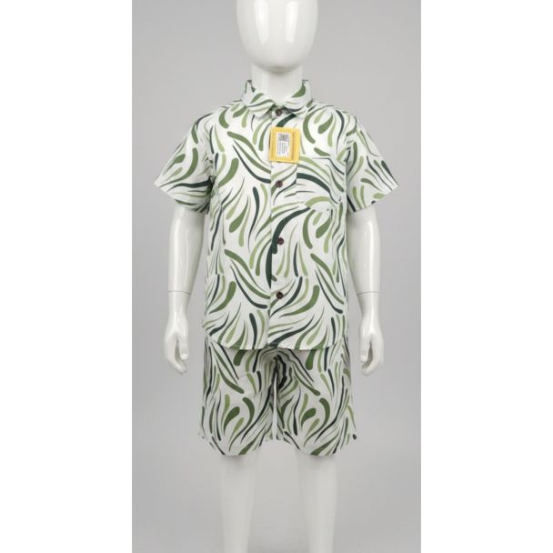 White and green printed cotton shirt and shorts set for kids - Gangavathi Exports
