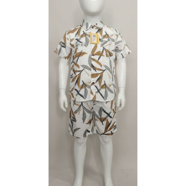 White and brown/grey leaf print cotton shirt and shorts set on a child mannequin