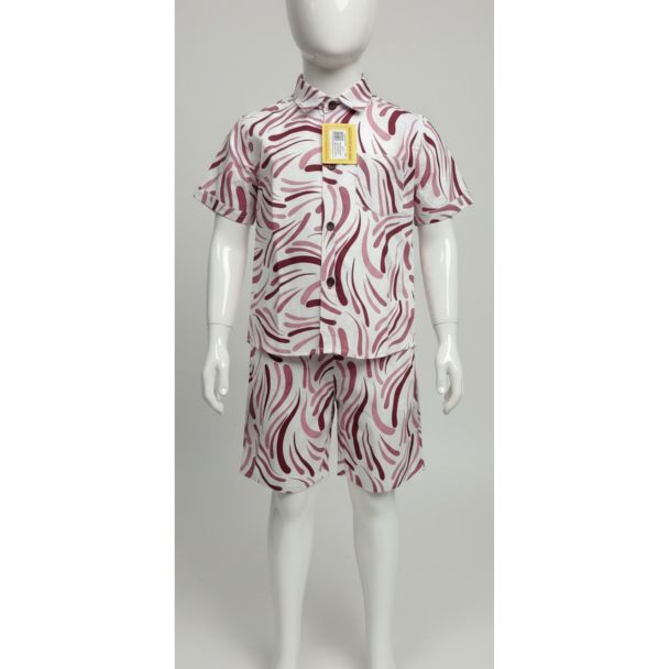 Kids' white and maroon abstract print cotton shirt and shorts set.