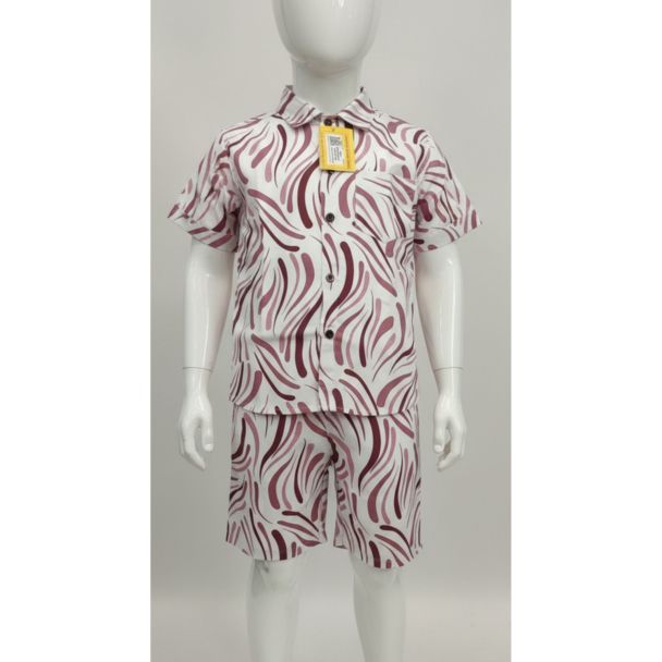Kid's white and maroon swirl print short sleeve shirt and shorts set - Gangavathi Exports
