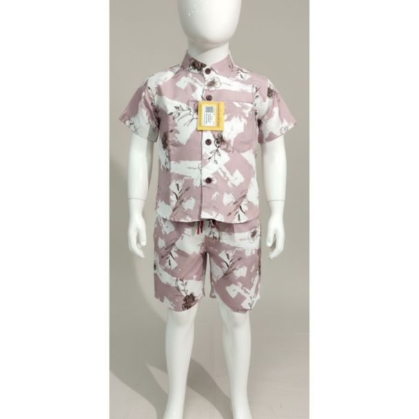 White and mauve floral printed kids shirt and shorts set - Gangavathi Exports