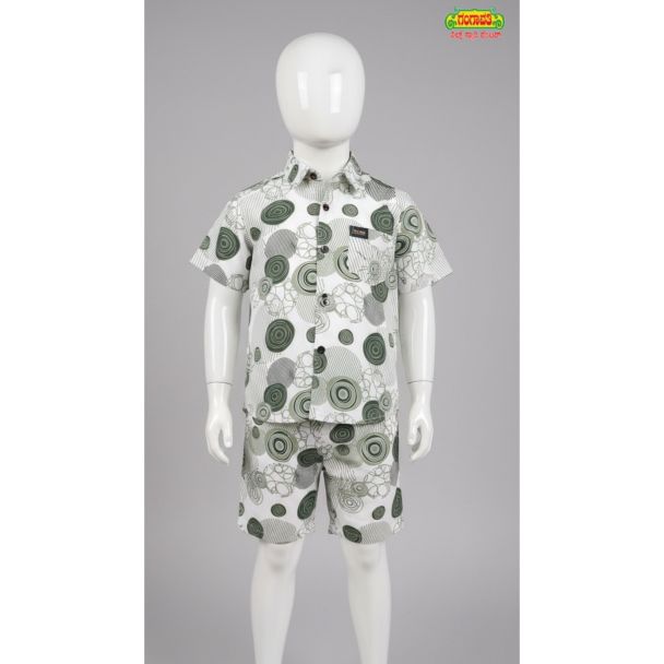 White and olive green printed cotton shirt and shorts set for kids - Gangavathi Exports