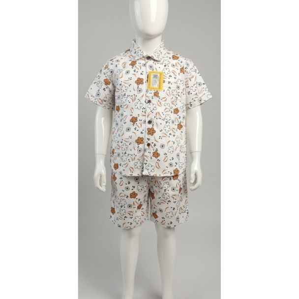 White cotton shirt and shorts set for kids with floral print - Gangavathi Exports