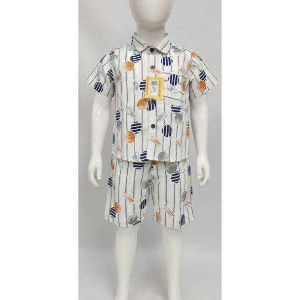 Kids' white striped & circle print short sleeve shirt and shorts set