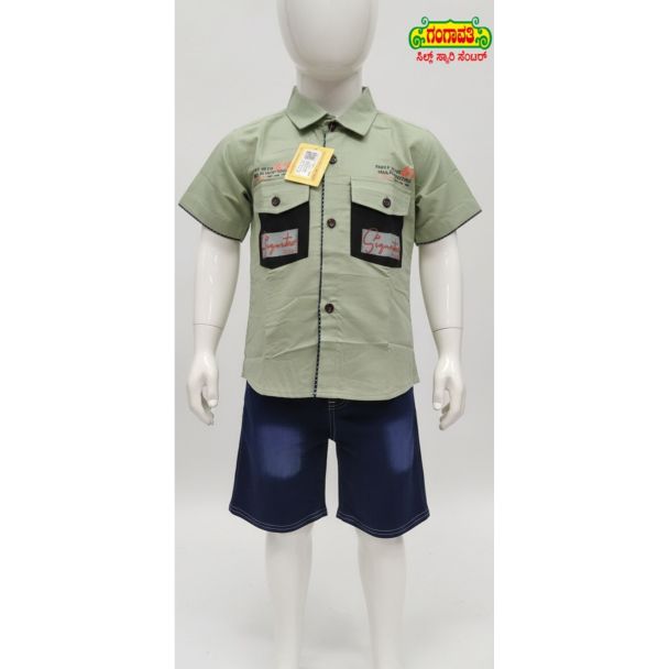 Light green cotton shirt for boys with dual chest pockets and short sleeves