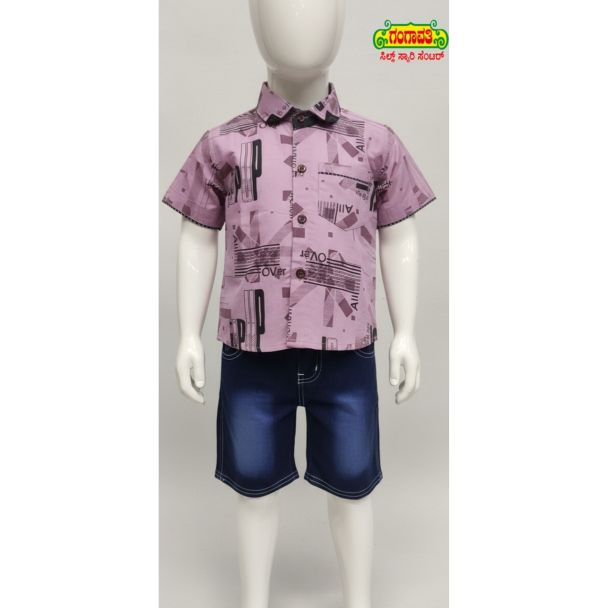 Lilac Print Cotton Shirt with Denim Shorts Set for Kids - Perfect for casual wear.
