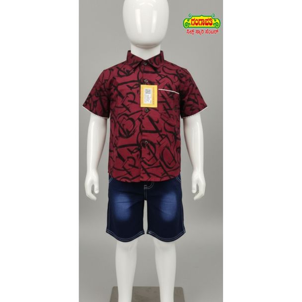 Maroon abstract print shirt and denim shorts set with short sleeves - Casual outfit for kids.