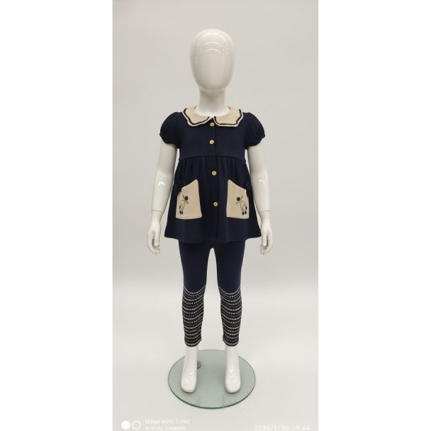 Navy blue cotton kids set with embroidered pockets and striped leggings