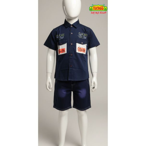 Navy Blue Cotton Shirt and Shorts Set for Boys - Gangavathi Exports