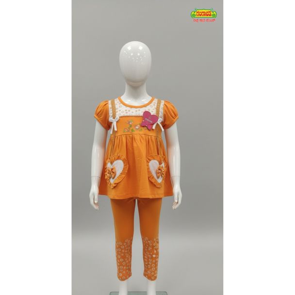 Orange cotton top with legging set for girls India