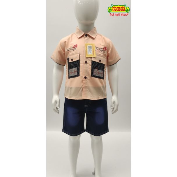 Peach shirt and dark blue shorts set for boys - Gangavathi Exports