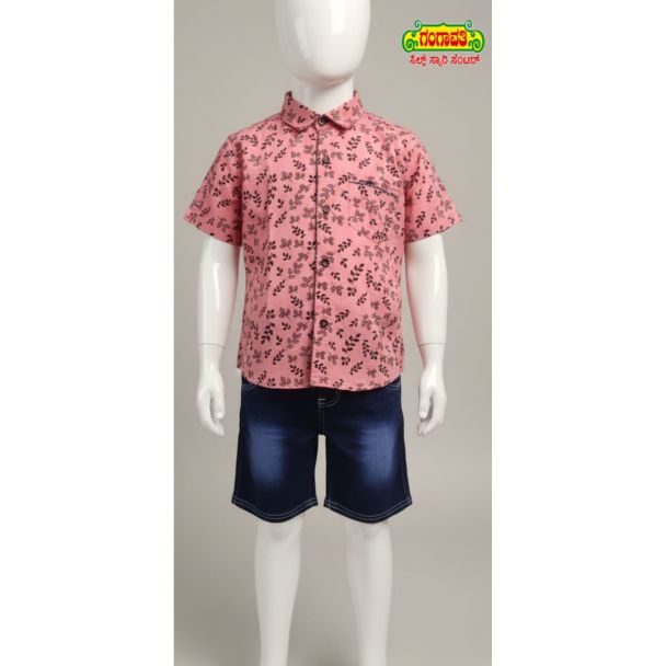 Boys' pink butterfly print short sleeve cotton shirt