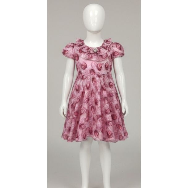 Pink feather print cotton dress with short sleeves and ruffled neckline