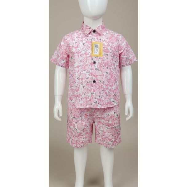 Pink floral cotton boys' shirt and shorts set - Casual wear