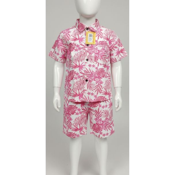 Pink floral printed cotton boys' shirt and shorts set - Casual summer outfit