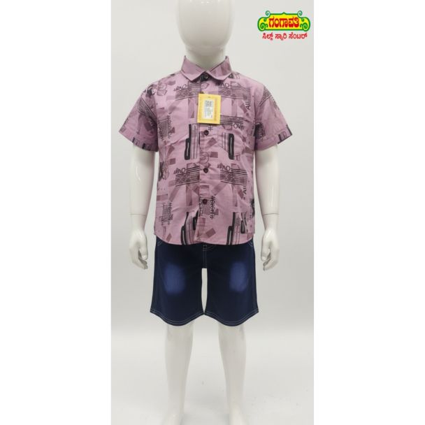 Pink geometric print cotton shirt with short sleeves for kids