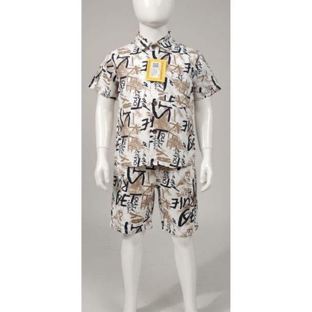 Boys' off-white, black, and tan abstract graffiti print short sleeve shirt and matching shorts set