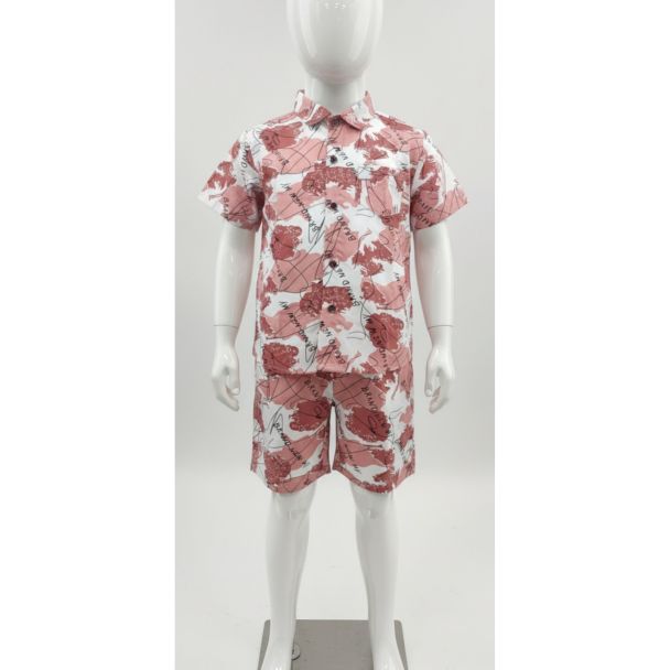 White mannequin wearing a dusty rose and white abstract print short sleeve shirt and matching shorts set.