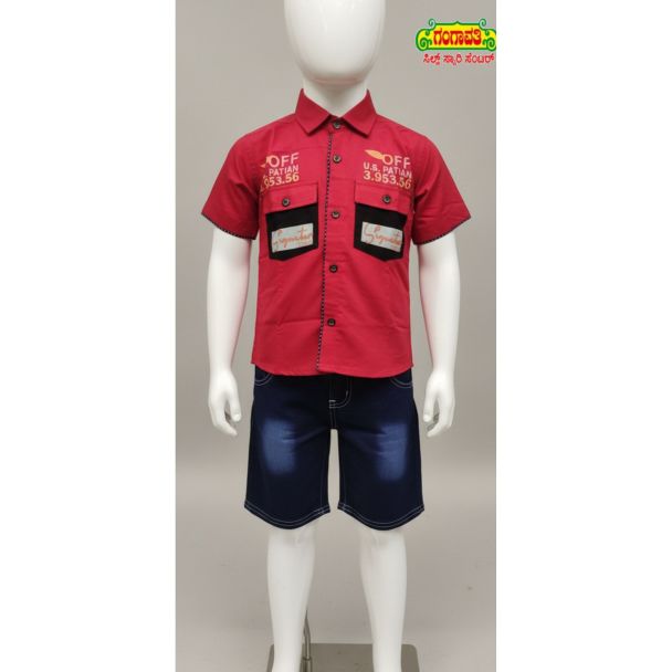 Red short sleeve shirt and navy denim shorts set for kids - Gornes