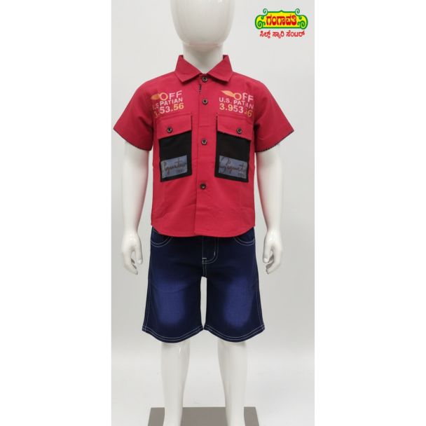 Boys' red short sleeve shirt and denim shorts set - perfect for casual wear - Gangavathi Exports