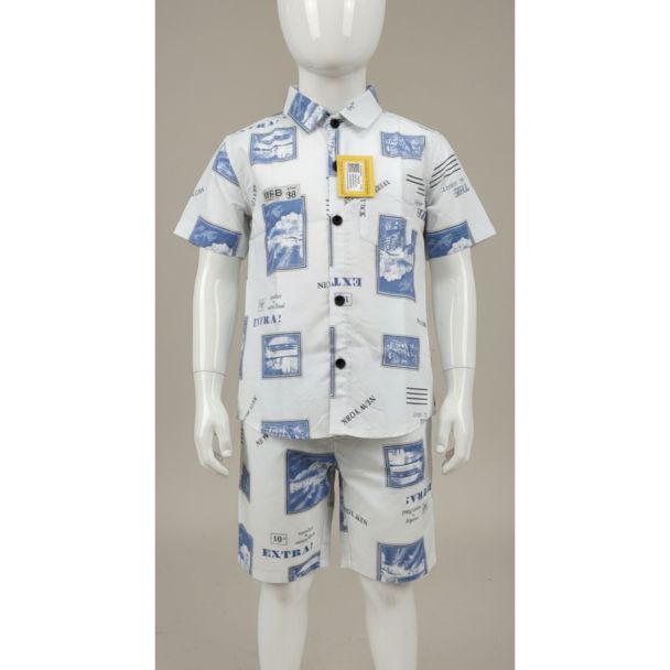 White and blue printed cotton short set for boys - Casual wear - Gangavathi Exports