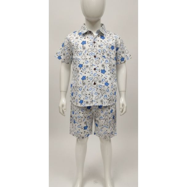 White and blue floral print cotton short sleeve shirt and shorts set for boys