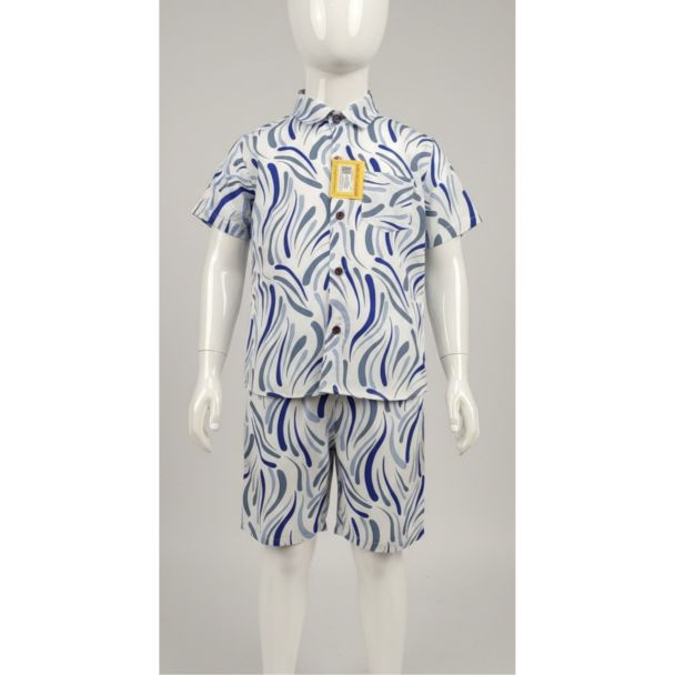 White and blue swirl print cotton kids' shirt and shorts set