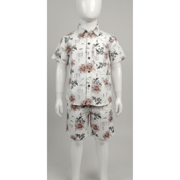 White floral print cotton boys shirt and shorts set, casual style - Gangavathi Exports