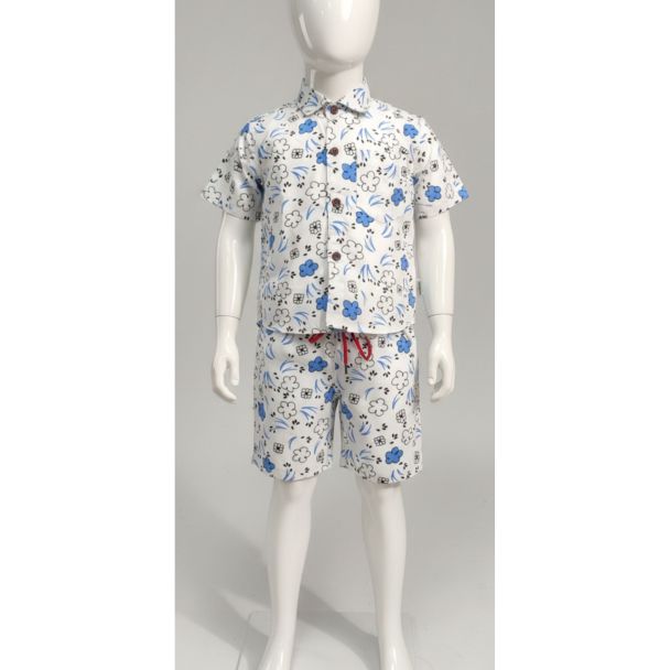 White floral print cotton shirt and shorts set for kids - perfect for summer.