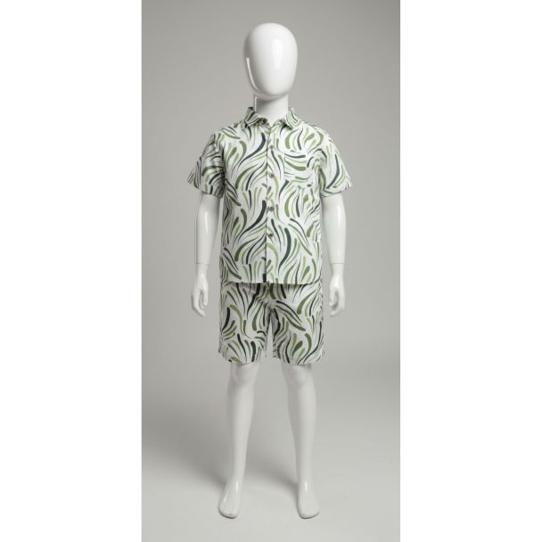 White leaf print cotton shirt and shorts set - Gangavathi Exports