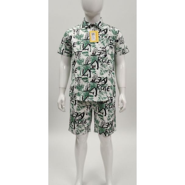 White and green print cotton shirt and shorts set - short sleeve - casual wear - Gangavathi Exports