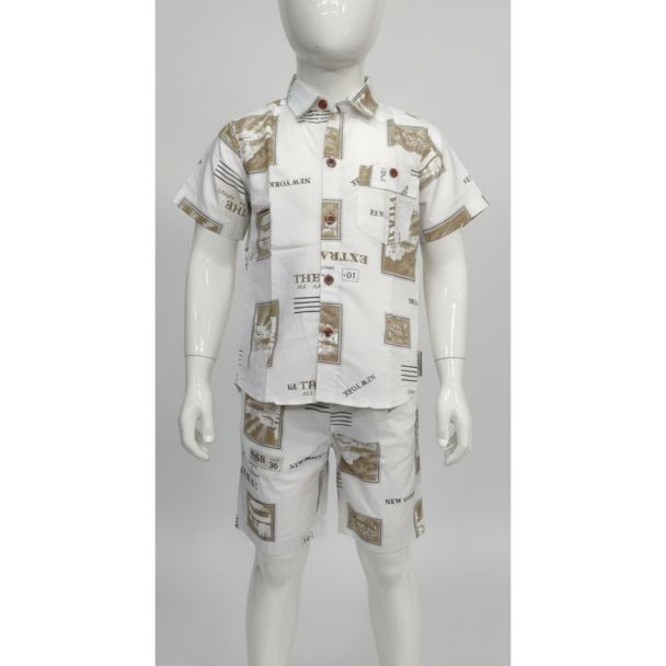 White printed cotton boys shirt and shorts set with short sleeves - Gangavathi Exports