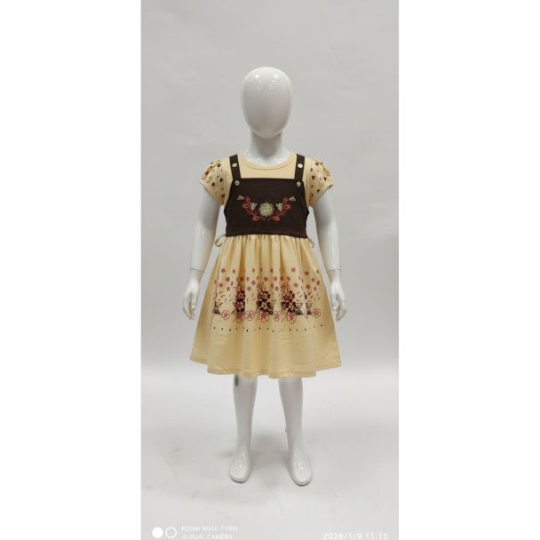 Girls beige floral print pinafore dress with brown bodice and puffed sleeves