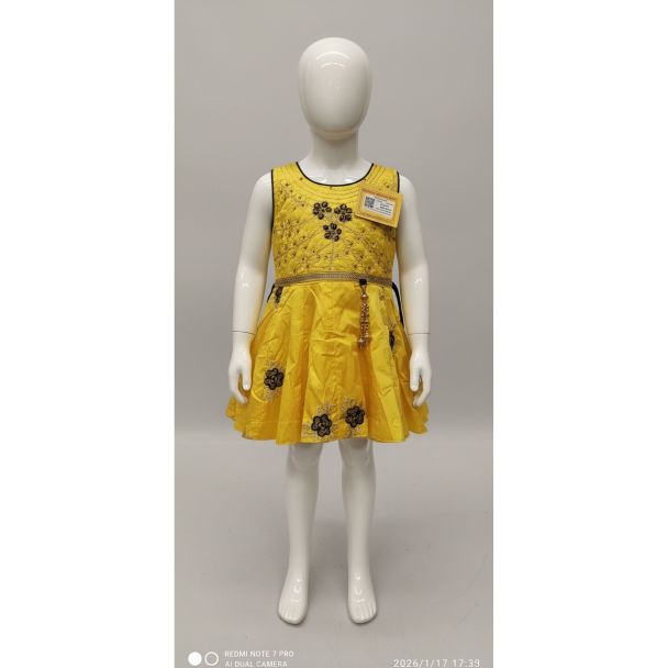 Butter Yellow party dress for girls, sleeveless with floral details - Gangavathi Exports