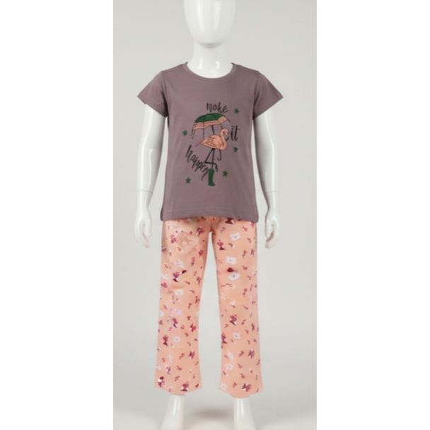 Girl's mauve flamingo print cotton blend pajama set India