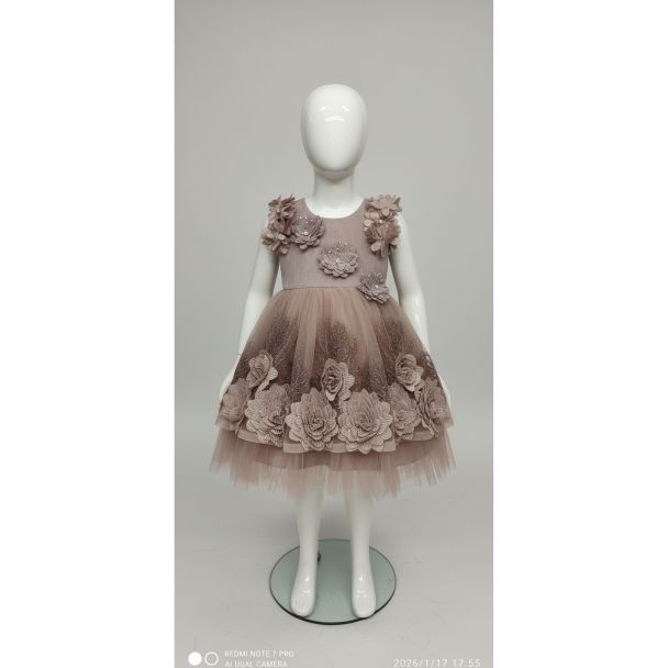 Taupe tulle party dress for girls with floral appliqués