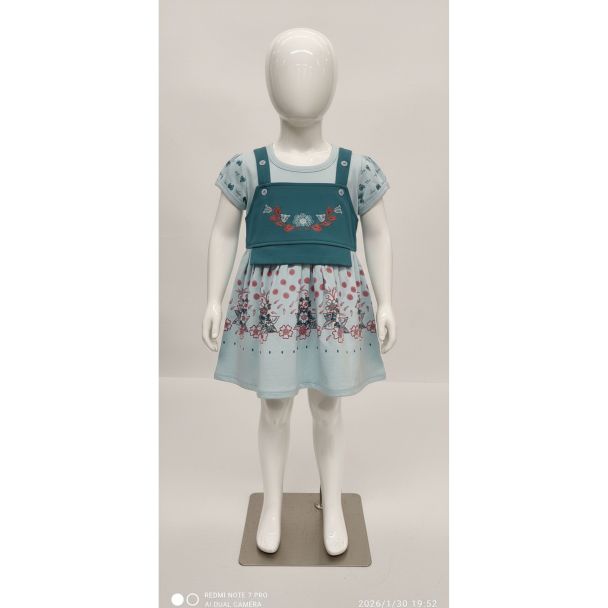 Young girl's light blue floral printed dress layered under a teal pinafore with embroidery, India.
