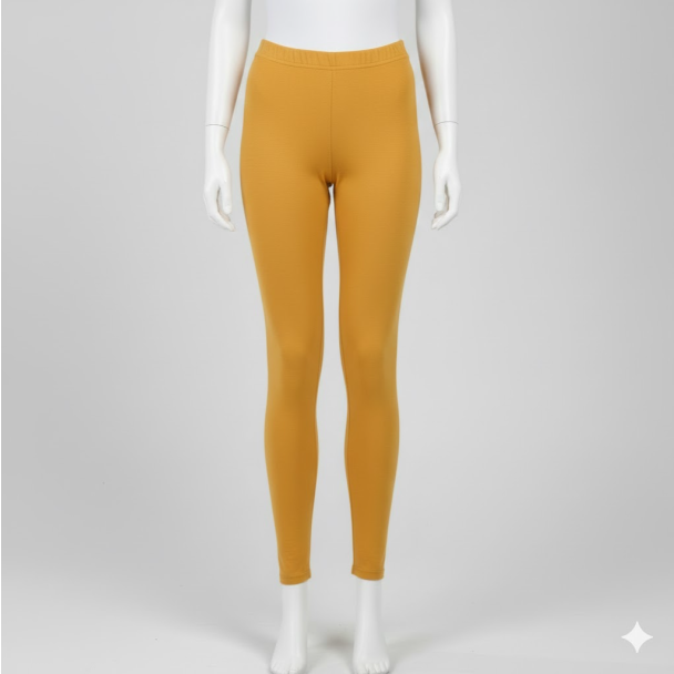 Mustard yellow 210 GSM 4-way stretch cotton ankle-length leggings on mannequin.