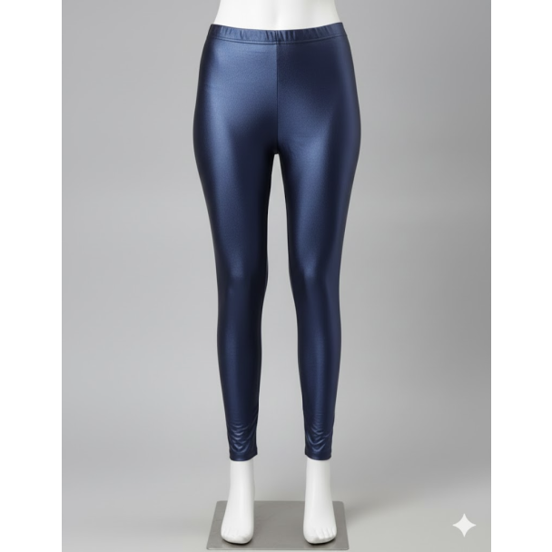 Plain navy blue shimmer leggings displayed on a white mannequin against a grey background.