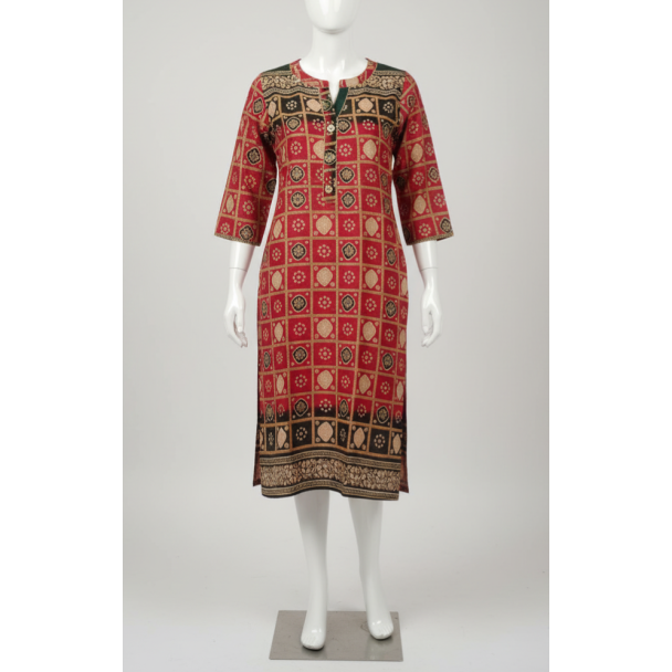 Maroon straight kurti with geometric black and beige Phohampalli-style print, 3/4 sleeves, stand collar on a mannequin.