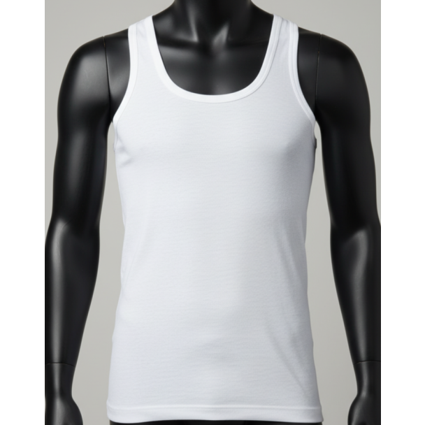 Front view of a pure white fine cotton men's sleeveless vest on a mannequin.